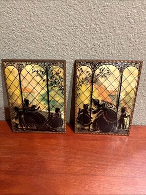 Vintage (1940’s) Reverse Painted Silhouette pair in Yellow and Brown